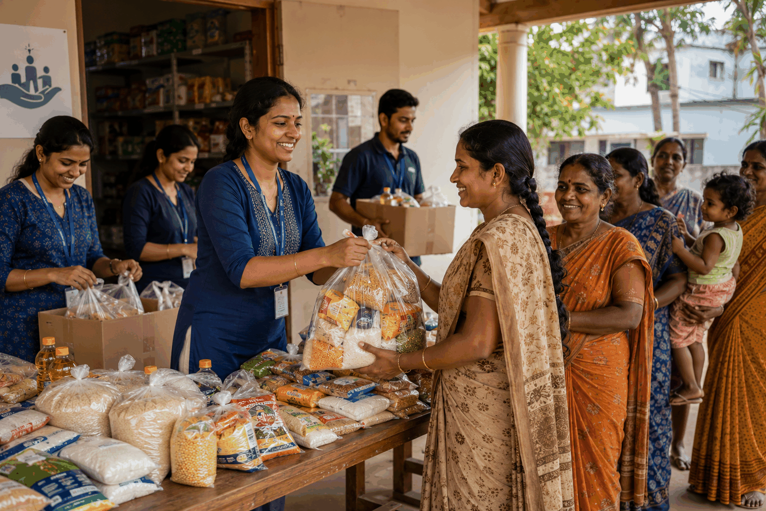 Relief volunteers distributing food and aid